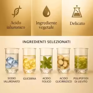 Siero all’acido ialuronico B6 con ingredienti selezionati, tra cui glicerina e polipeptidi, per un’idratazione intensa e nutriente della pelle.