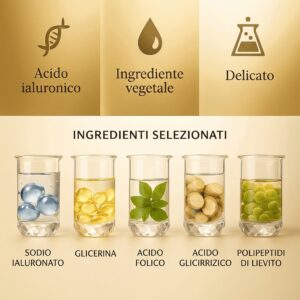 Siero all’acido ialuronico B6 con ingredienti selezionati, tra cui glicerina e polipeptidi, per un’idratazione intensa e nutriente della pelle.