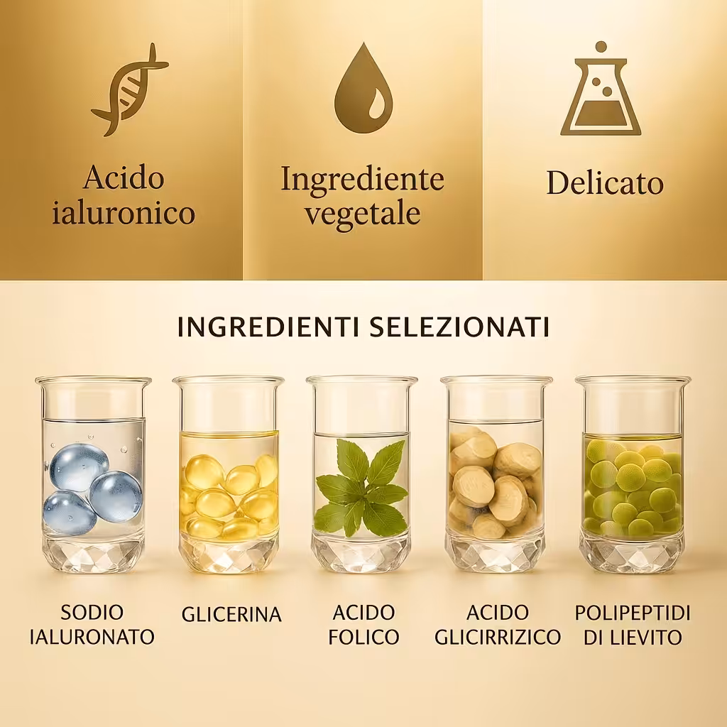 Siero all’acido ialuronico B6 con ingredienti selezionati, tra cui glicerina e polipeptidi, per un’idratazione intensa e nutriente della pelle.