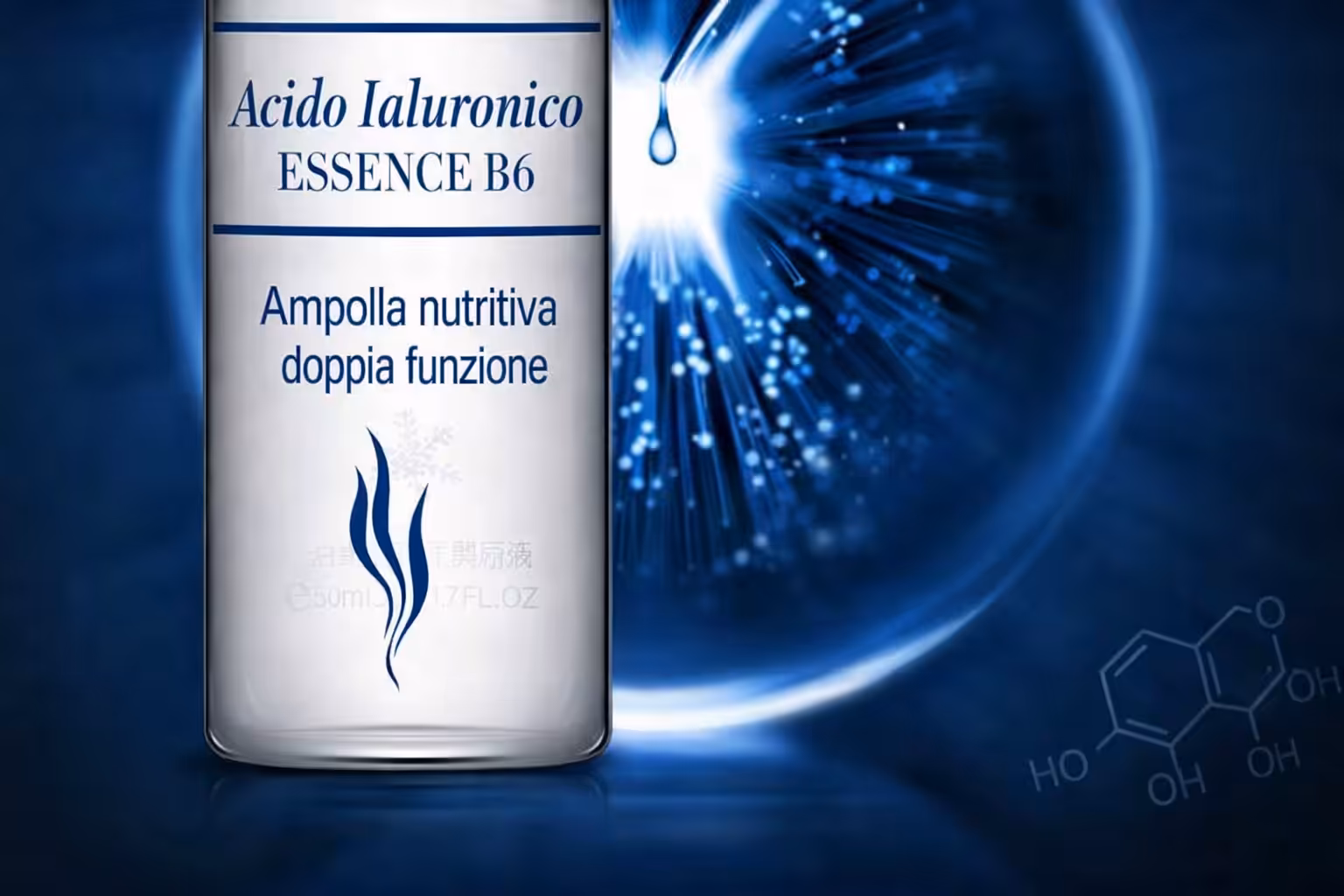 Siero Acido Ialuronico Essence B6 in flacone, trattamento idratante a doppia funzione per la pelle.